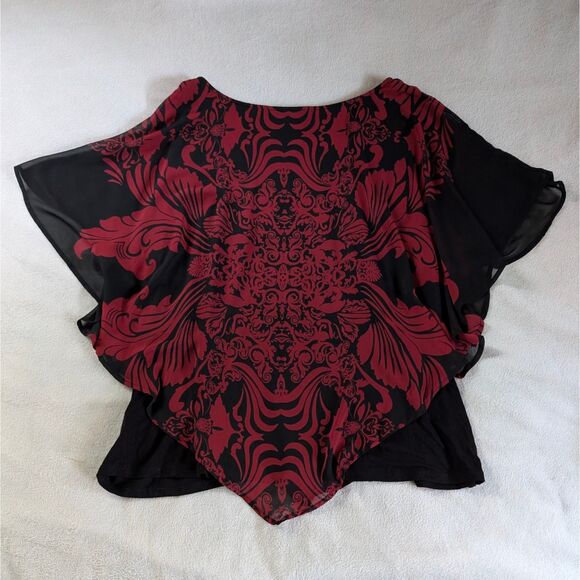 Floral Patterned Poncho Blouse Women's 2XL Red Black Mesh Flutter Sleeve - Picture 4 of 8